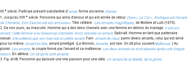 Définition amant ACAD 1986