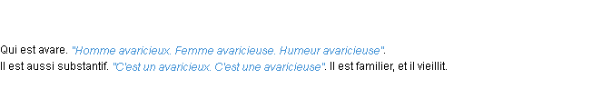 Définition avaricieux ACAD 1798