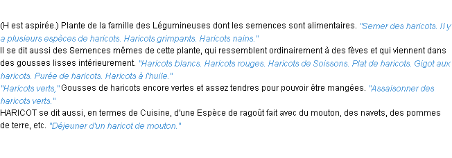 Définition haricot ACAD 1932