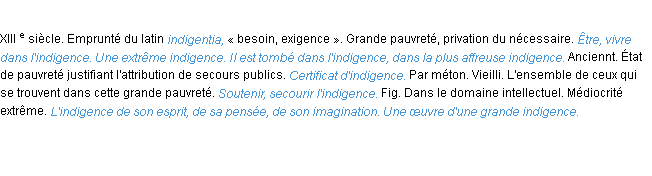 Définition indigence ACAD 1986