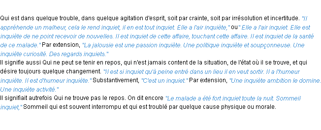 Définition inquiet ACAD 1932